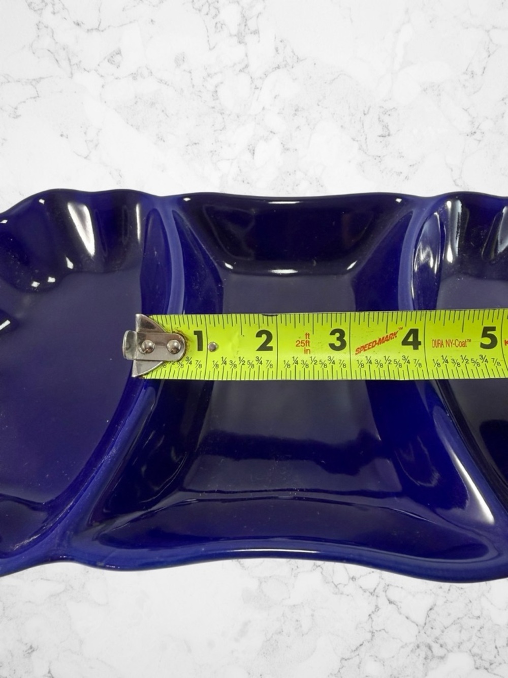 Vintage Cobalt Blue Glazed Pottery Relish Dish Serving Tray 3 Sections Vegetable - Picture 7 of 9